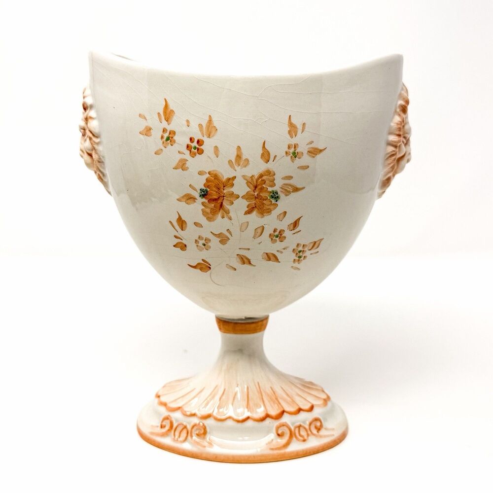 Vintage Nora Fenton Italy Lion Mask Pedestal Urn Vase Hand Painted Floral 8.5”